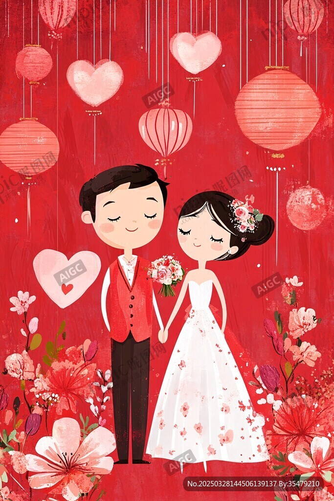 浪漫中式婚禮情侶插畫(huà)