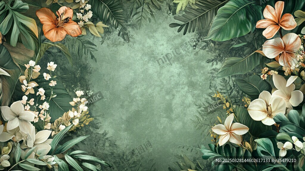 熱帶花卉綠葉背景圖