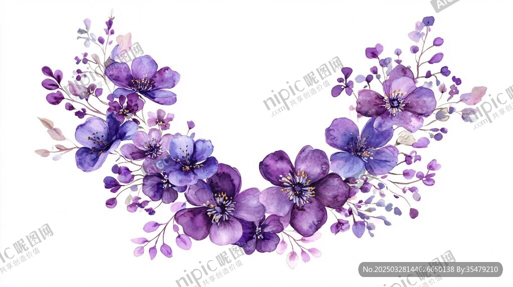 紫色花卉花環(huán)水彩插畫