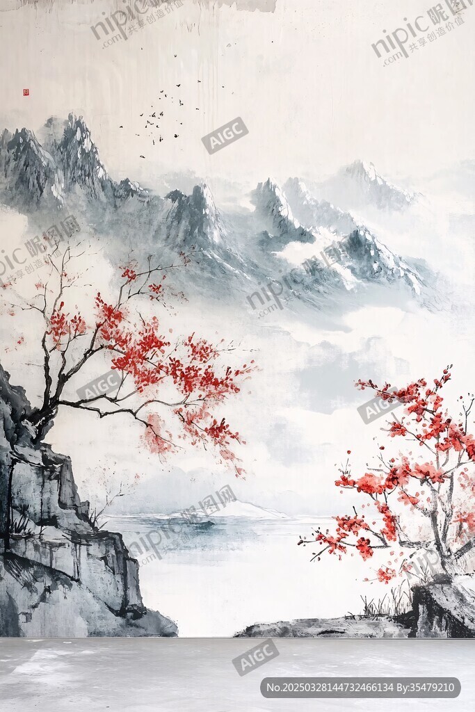 水墨山水間的紅楓景致