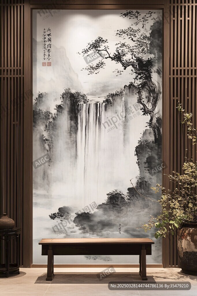 中式水墨山水玄關(guān)裝飾畫