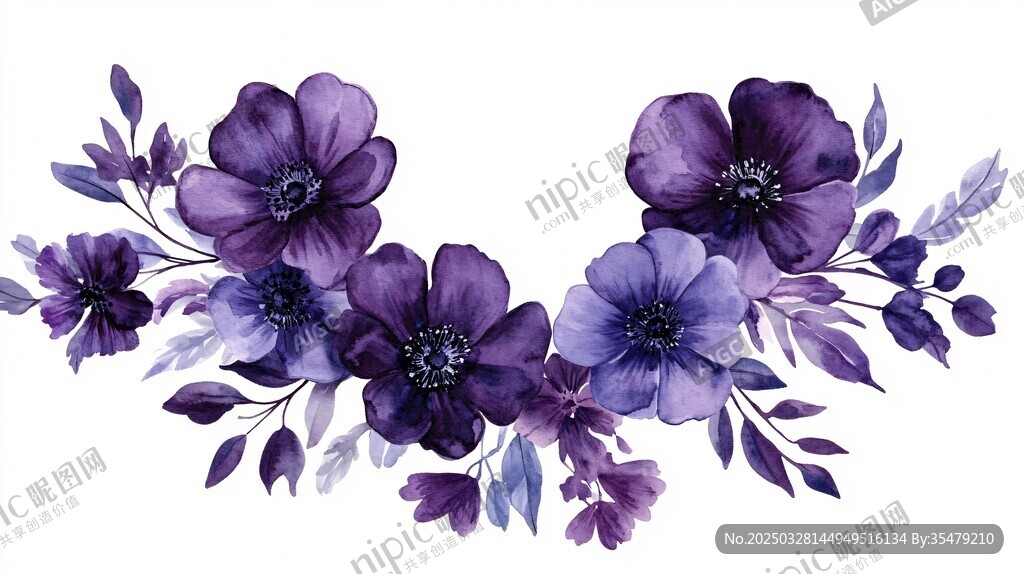紫色花卉花環(huán)水彩插畫