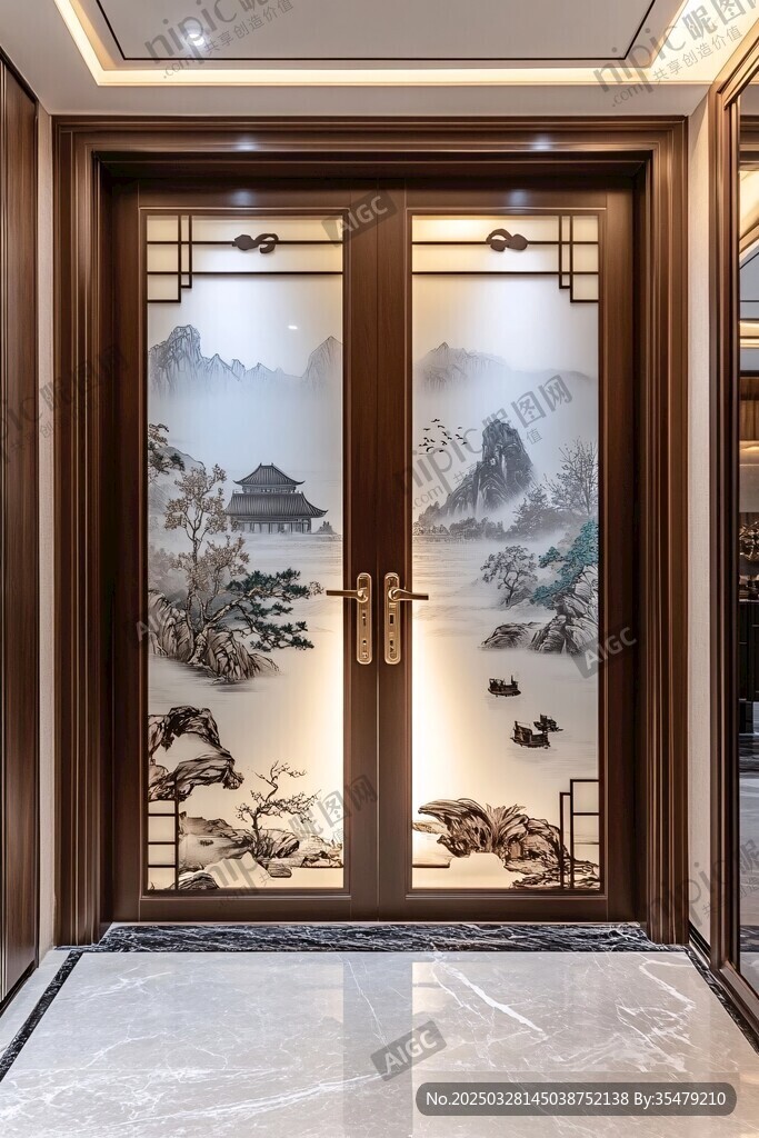 中式山水雙開玻璃入戶門