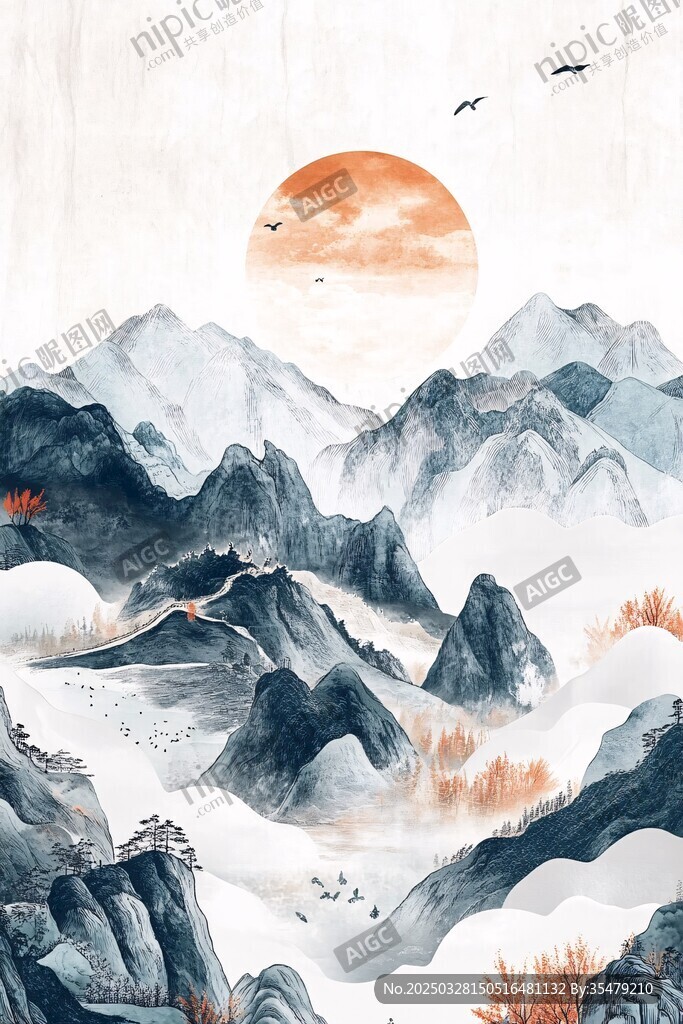 水墨山水間的落日飛鳥(niǎo)景