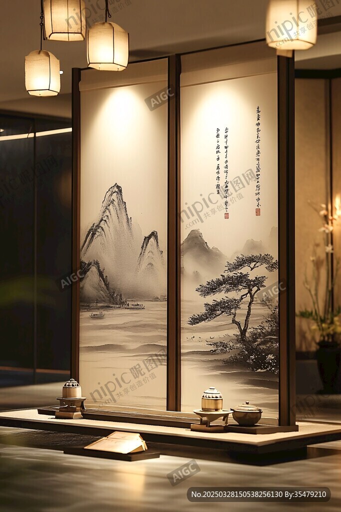 中式雅致屏風(fēng)山水意境空間