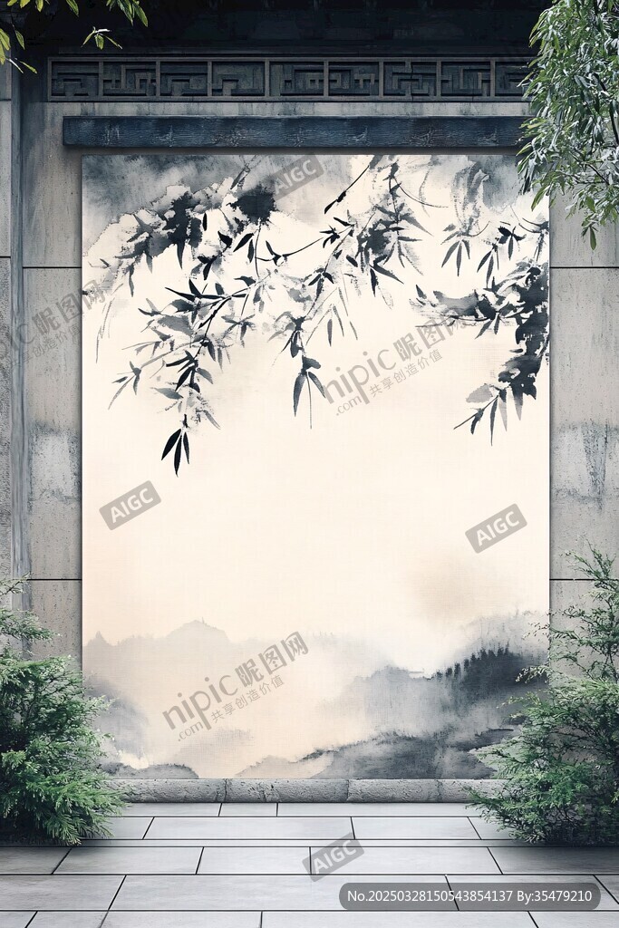 中式水墨竹景庭院意境圖