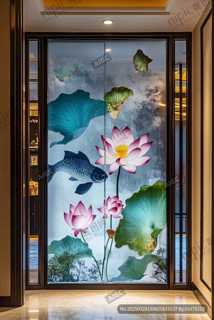 中式玄關(guān)荷花錦鯉玻璃屏風(fēng)