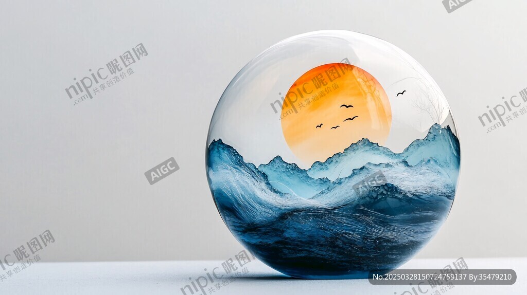 圓瓷繪景 山海落日飛鳥圖