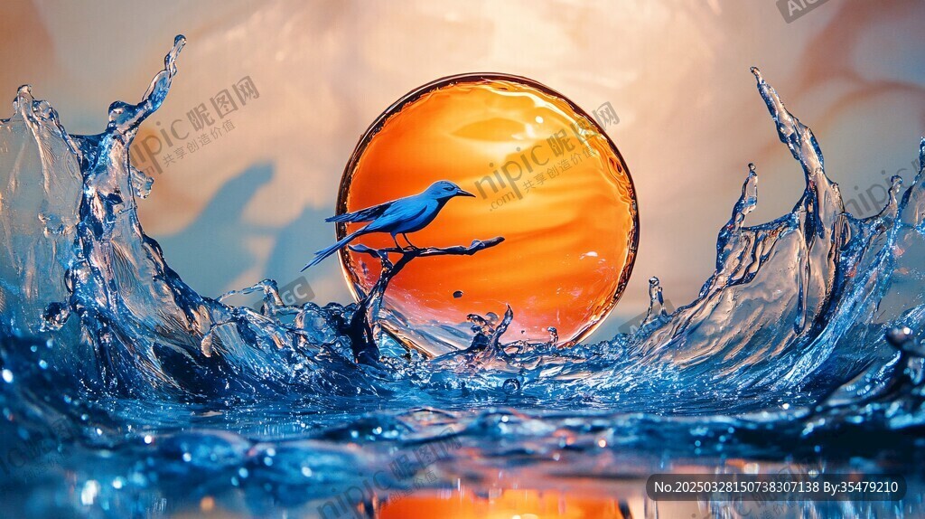 藍鳥立于水花間的夢幻場景