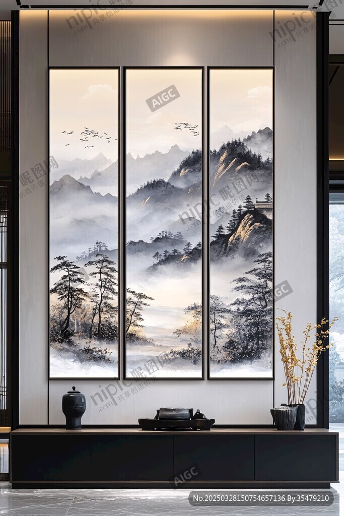 中式山水三聯(lián)畫 雅致客廳景