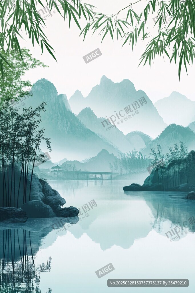 水墨山水竹林靜謐景致