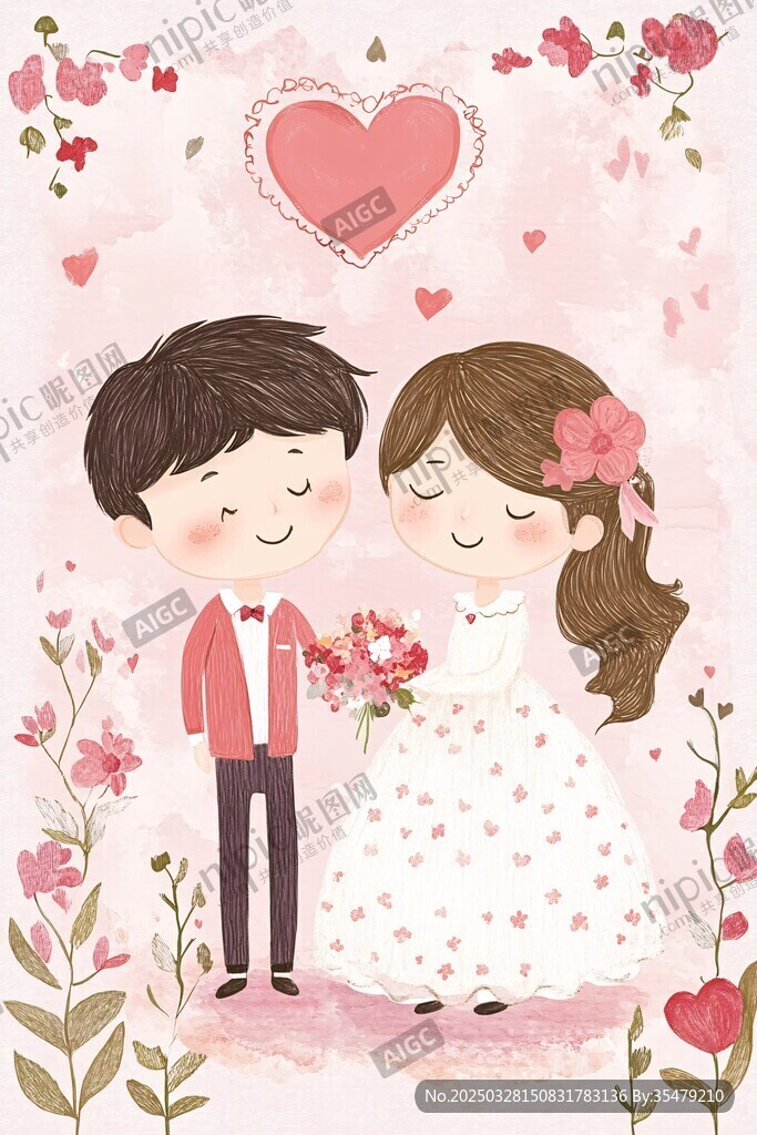浪漫情侶甜蜜婚禮插畫
