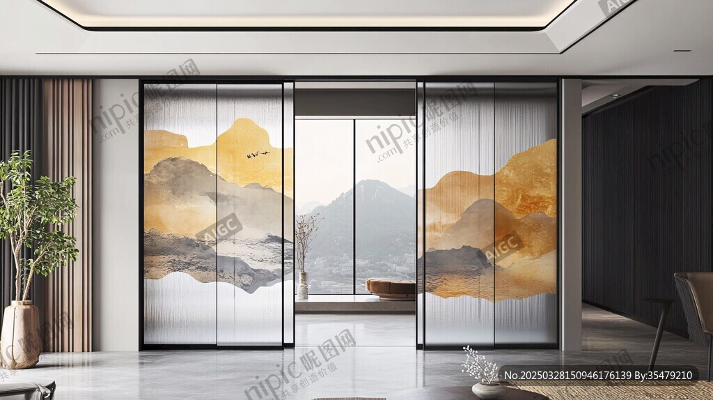 中式山水風(fēng)客廳玻璃隔斷