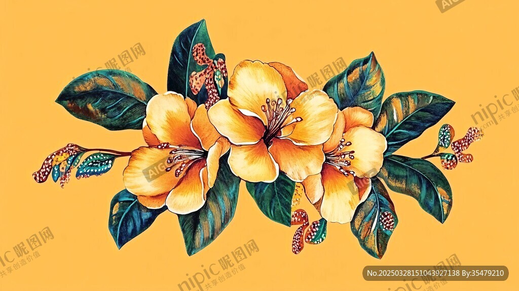 黃色花卉綠葉裝飾圖案