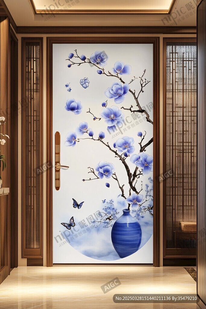 中式玄關藍花瓷瓶裝飾畫