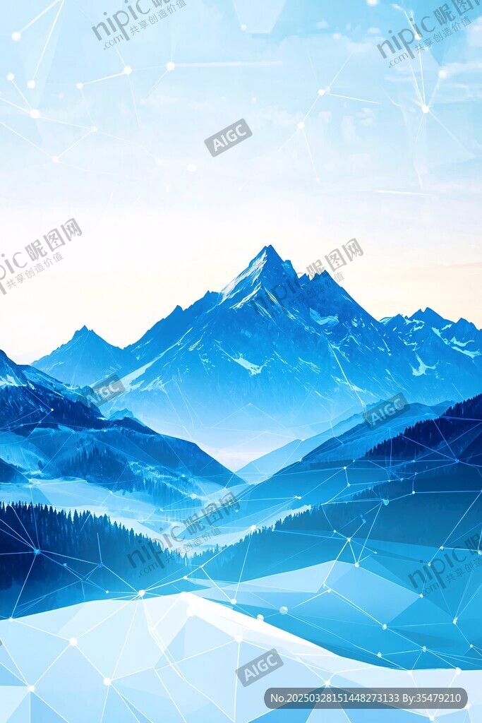夢幻藍色山脈風景插畫