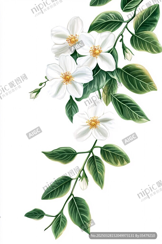 潔白茉莉花枝插畫