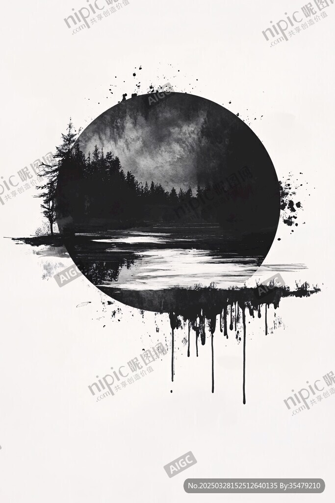 水墨風(fēng)圓形森林湖泊景致