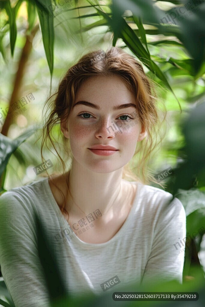 綠葉間的清新女子