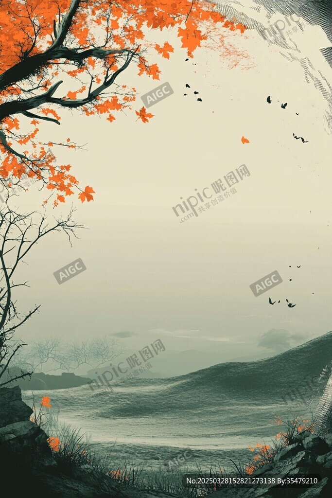 秋景山水間紅葉飛鳥圖
