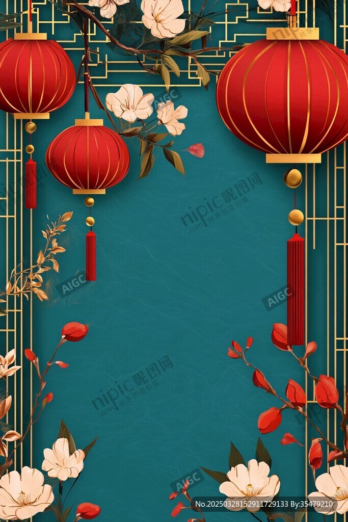 中式古風紅燈籠花卉背景