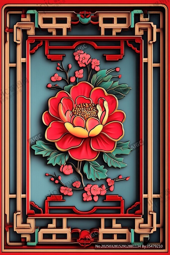 中式牡丹雕花裝飾圖案