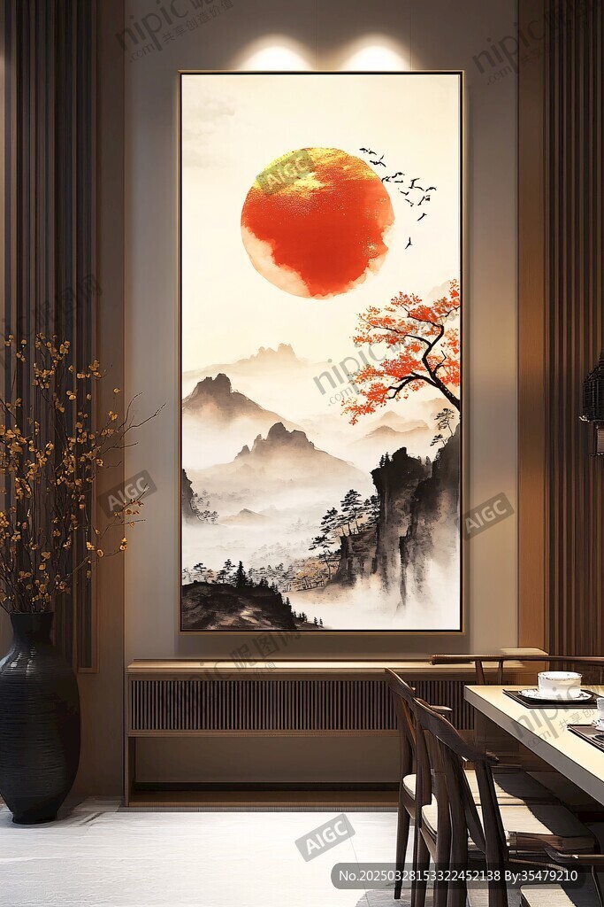 中式客廳中的山水紅日掛畫