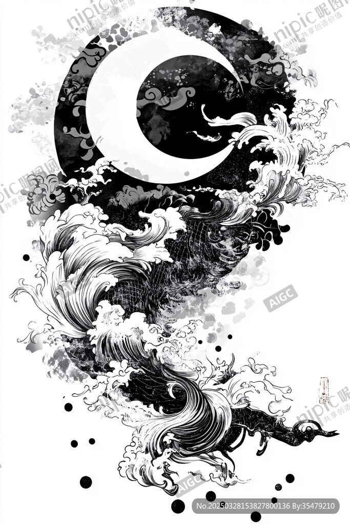 水墨新月海浪抽象藝術圖