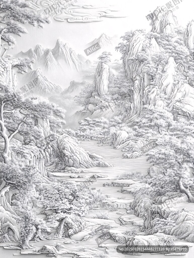 山水白描圖