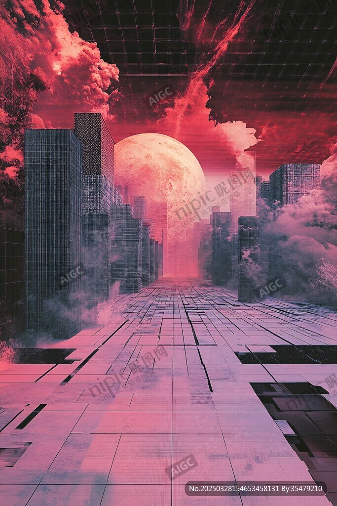 夢(mèng)幻緋紅都市與巨型月景