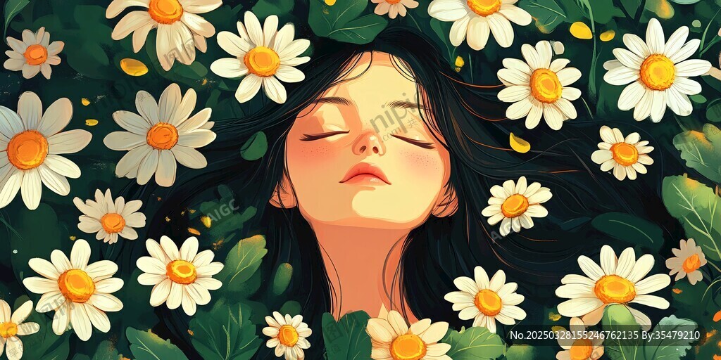 女孩沉醉于雛菊的夢幻中