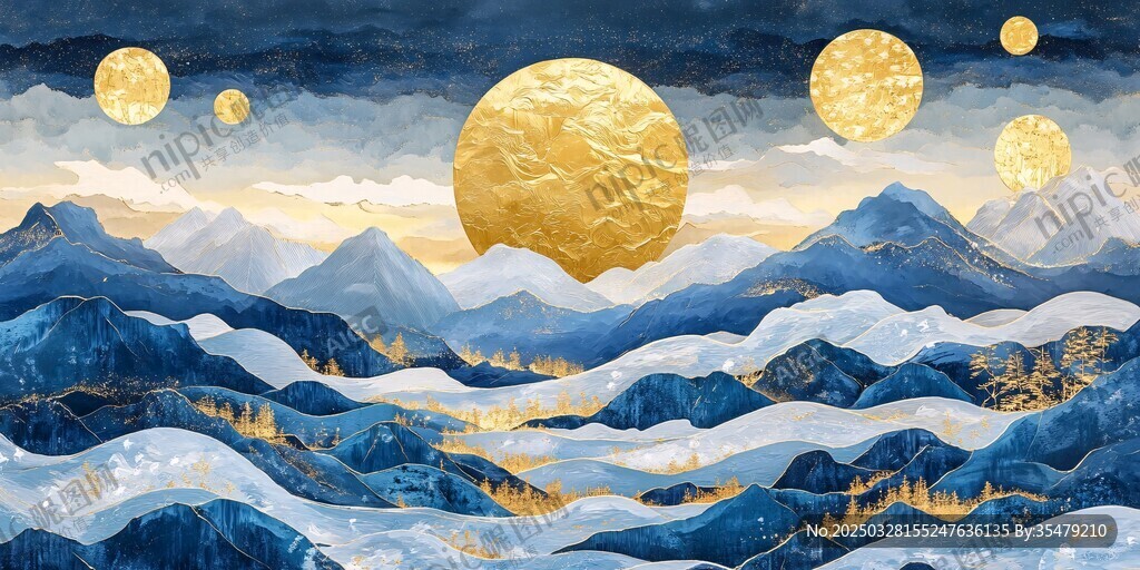 夢幻山川間的金色多月景象