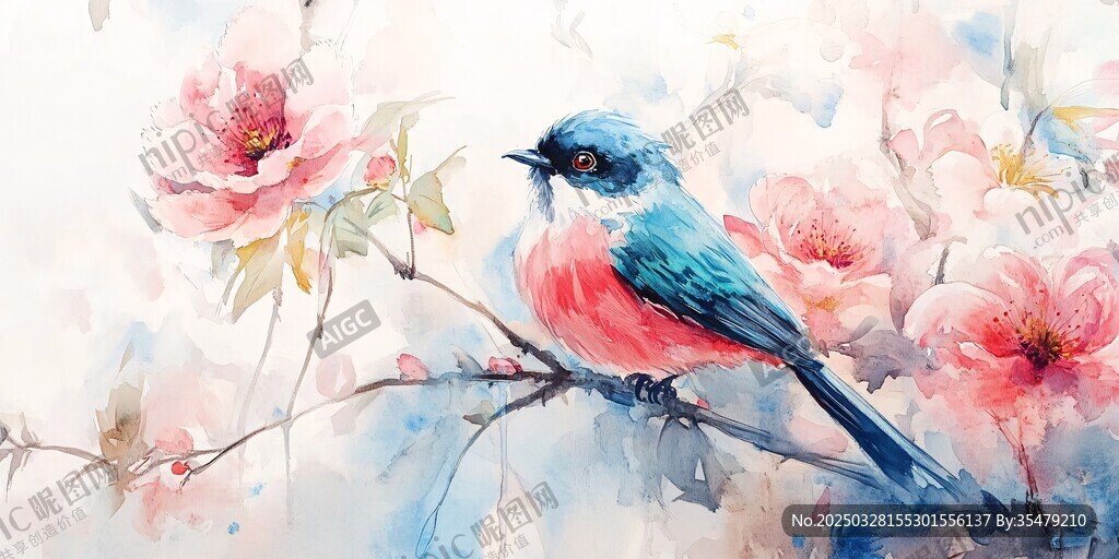 水彩畫中鳥兒棲于繁花間