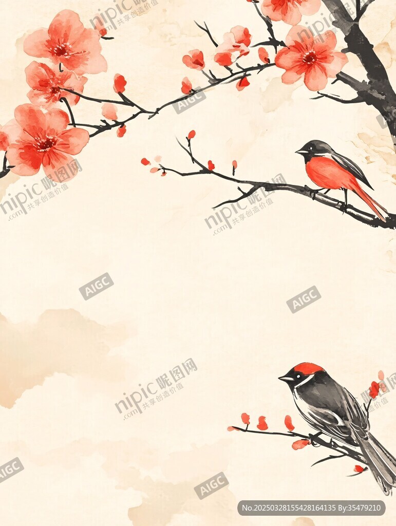 枝頭雙鳥伴繁花