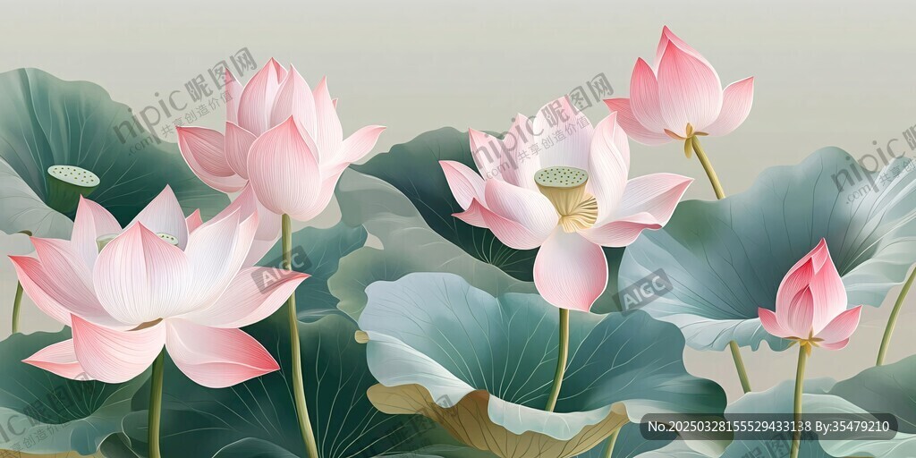 水墨風(fēng)粉色荷花荷葉圖