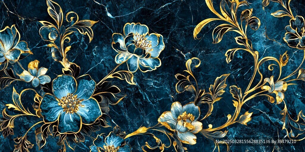 藍(lán)金花卉大理石紋圖案