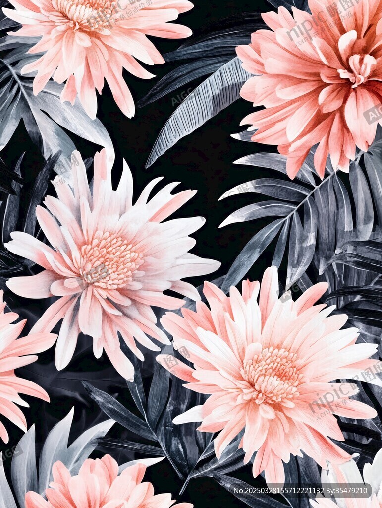 粉色花卉與葉的精美圖案