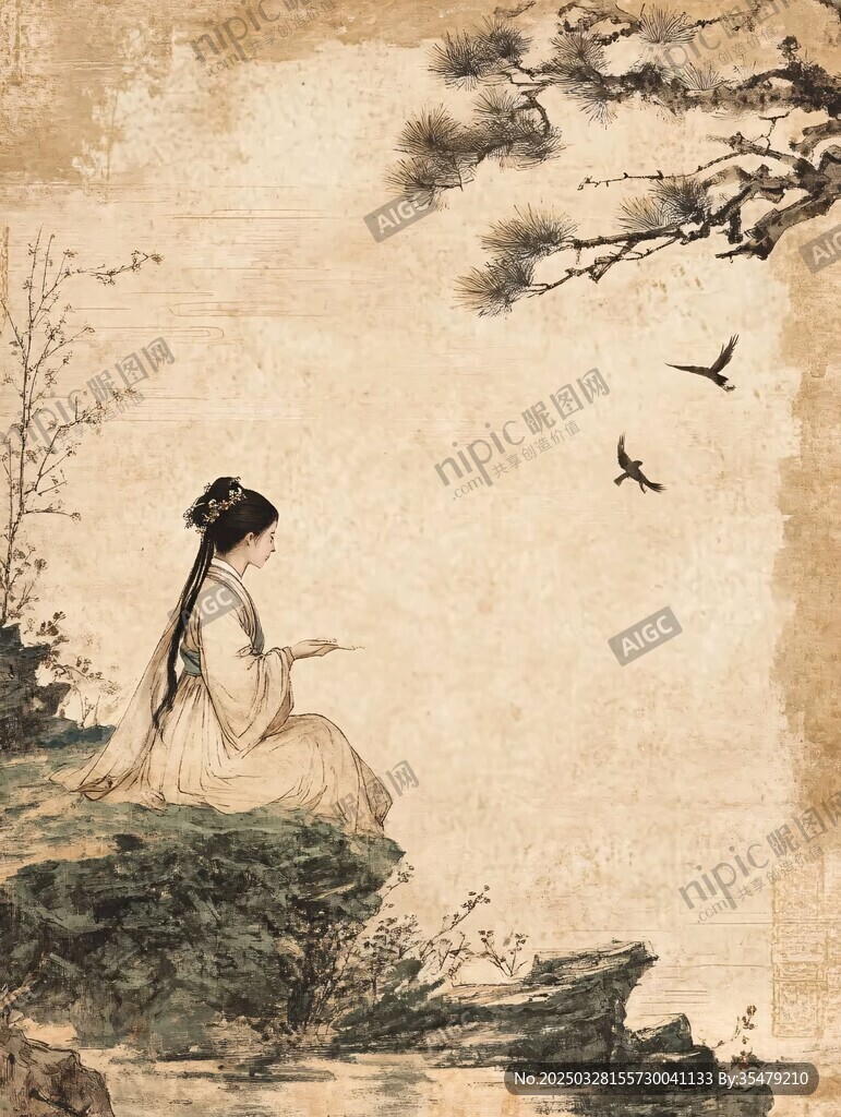 獨坐崖畔的古典女子