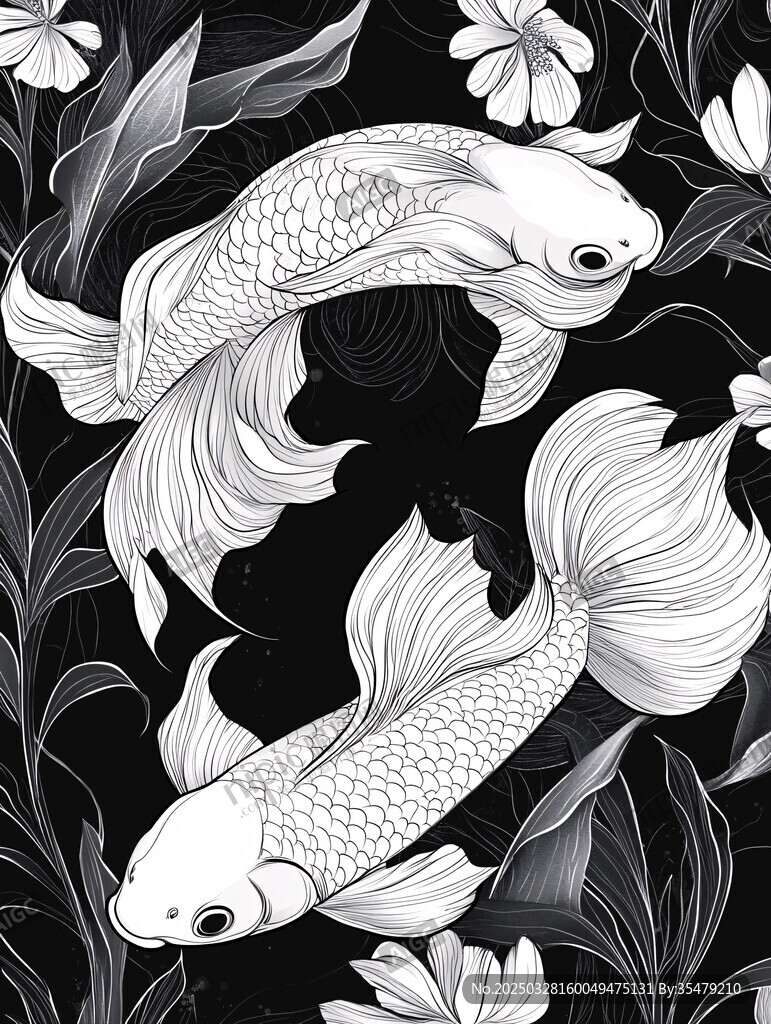黑白金魚花卉裝飾圖案