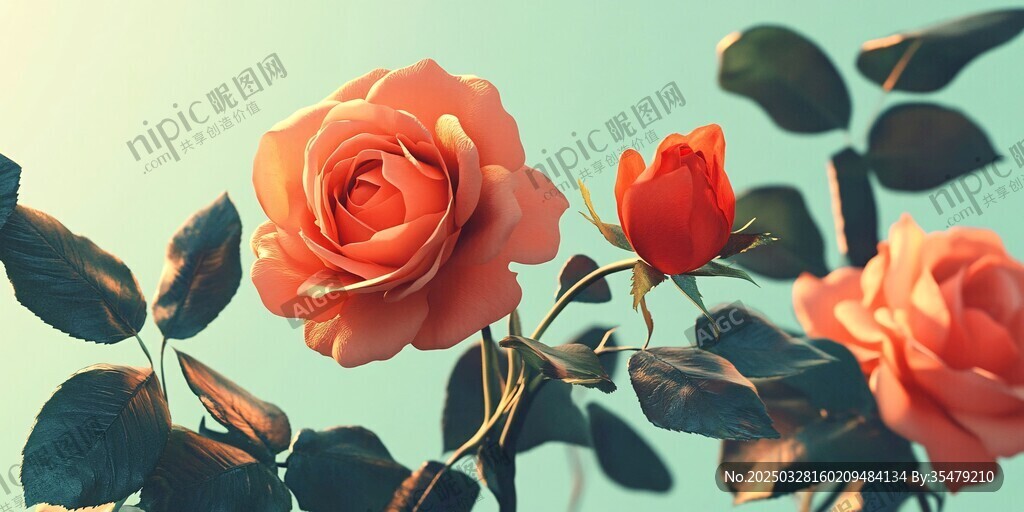 橙紅玫瑰綻放于藍天之下