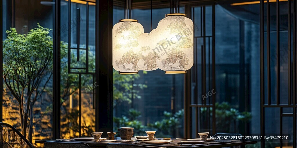 中式餐廳內(nèi)的雅致吊燈景觀