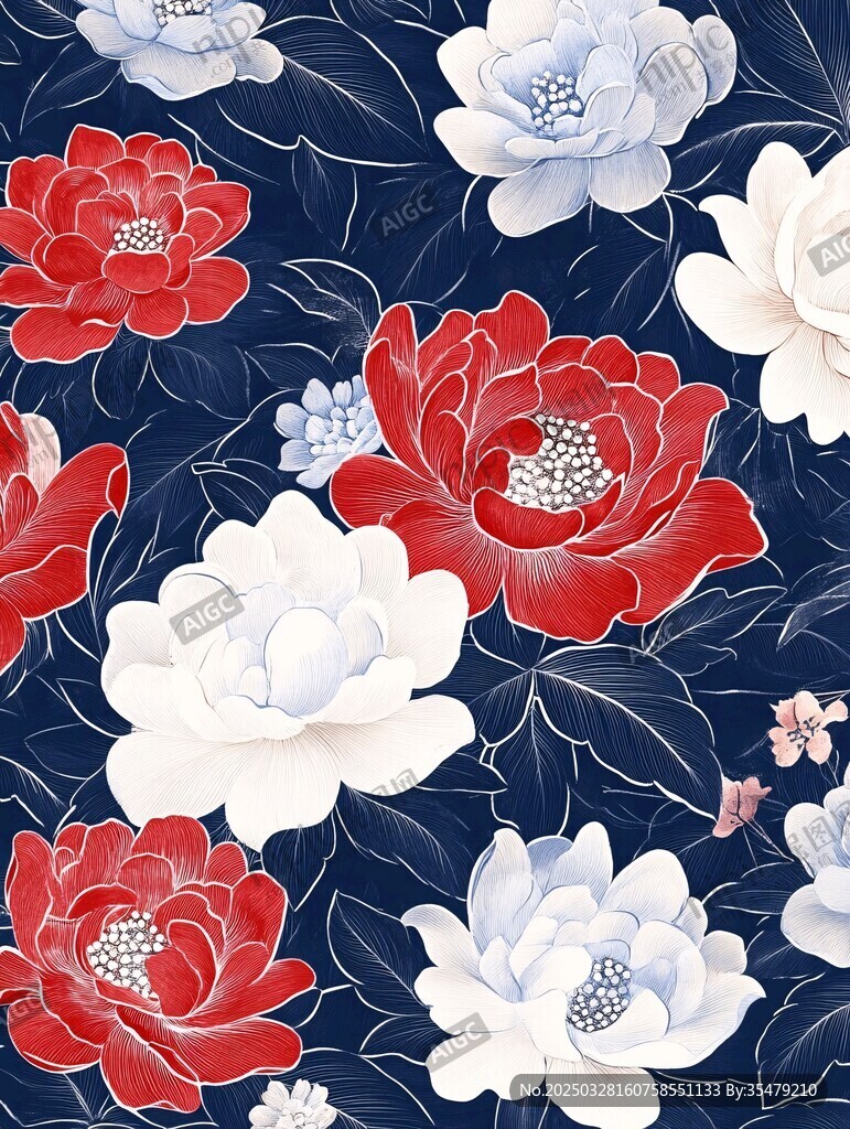 深藍(lán)底紅白花卉圖案
