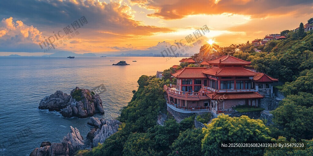 海邊古宅迎絕美落日風(fēng)光
