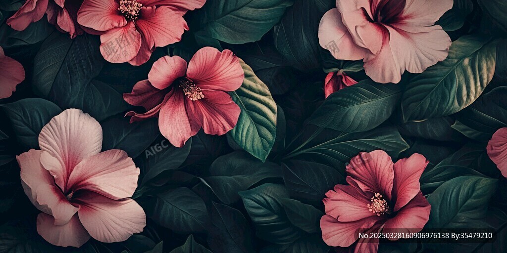 粉色扶桑花與綠葉圖案