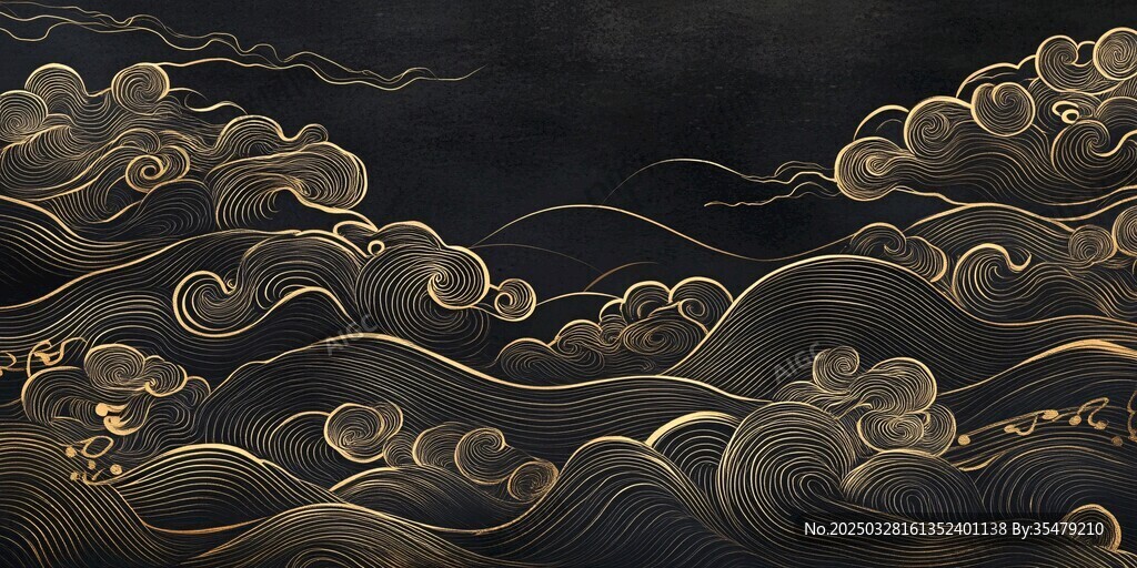 黑金海浪云紋中式背景圖