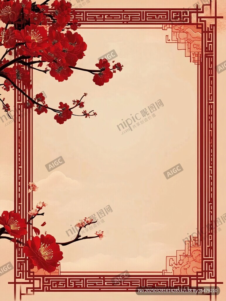 中式紅梅花邊框背景圖