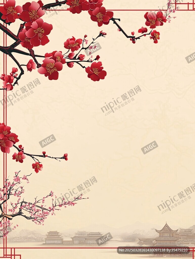 紅梅映古景中式意境圖