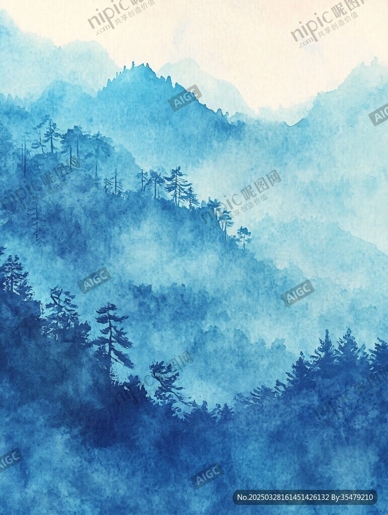 水墨藍(lán)調(diào)山林霧景圖