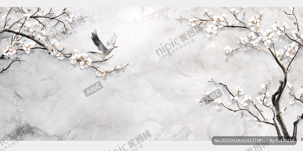 水墨花鳥 枝頭飛鳥與繁花