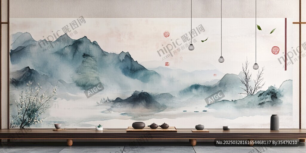 中式山水禪意茶室背景圖